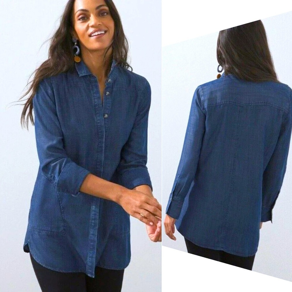 Chicos Touch Of Cool Denim Tunic Button Up Shirt Blue Lyocell Size 8